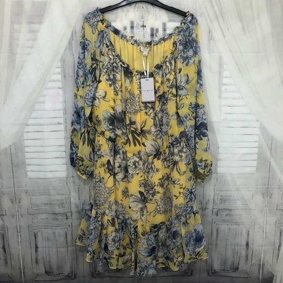 Tommy Hilfiger Large Dress Yellow Blue Floral Crinkle Chiffon Off-the-Shoulder - Picture 10 of 12
